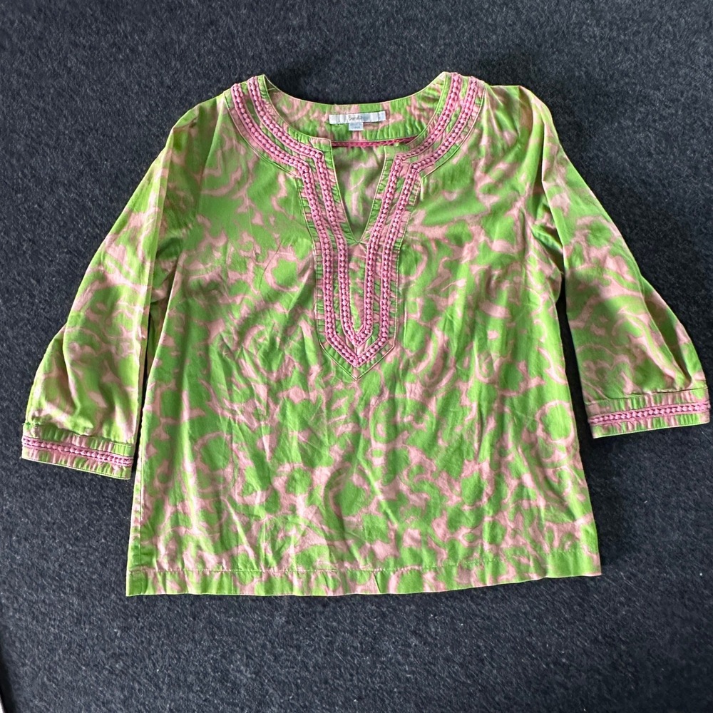 Boden Womens Green Pink Abstract Paisley Tunic Top Crochet Trim 3/4 Sleeve US 10